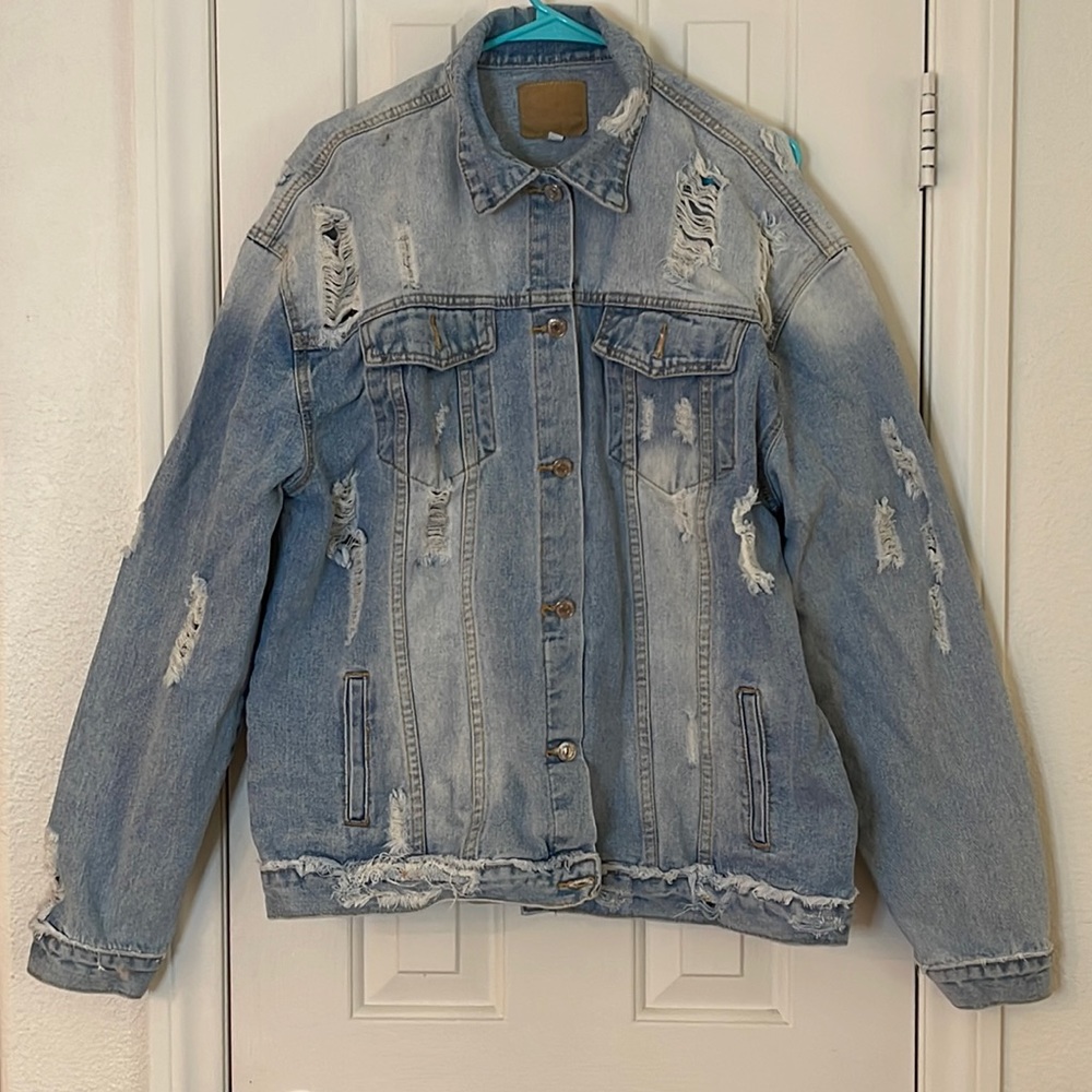 Jean jacket, distressed, drop shoulder/oversized style